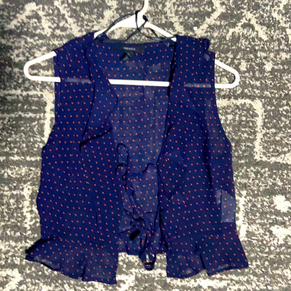 Forever 21 sheer navy blue and orange polka dot vest